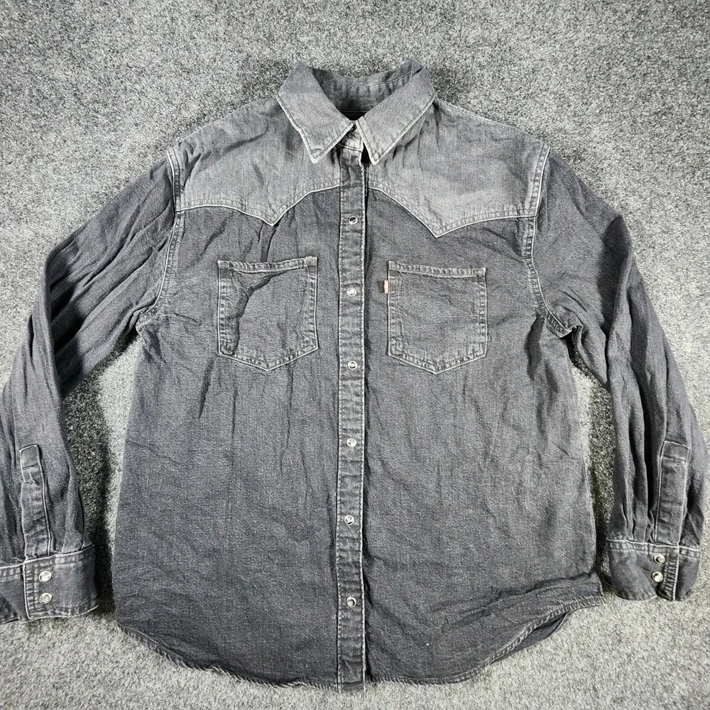 Levi's Western Shirt Mens Small Black Denim‎ Pearl Snap Two Tone Faded Cowboy